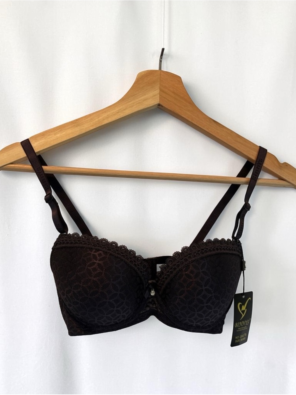 Elegant Black Lace Balconette Bra with Decorative Trim. Size: 36B